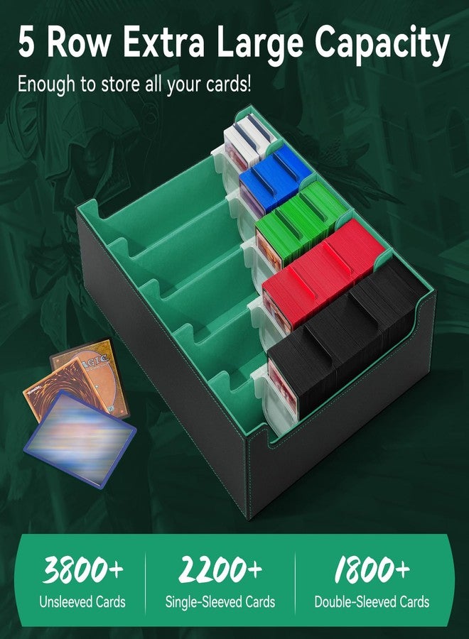 Stepane 5 Row Trading Card Storage Box, 3800+Bulk Card Organizer Box with 20 Dividers & 5 Supporters, Graded Card Deck Box for YuGiOh, MTG, TCG with Double Lid Black/Green - Image 2